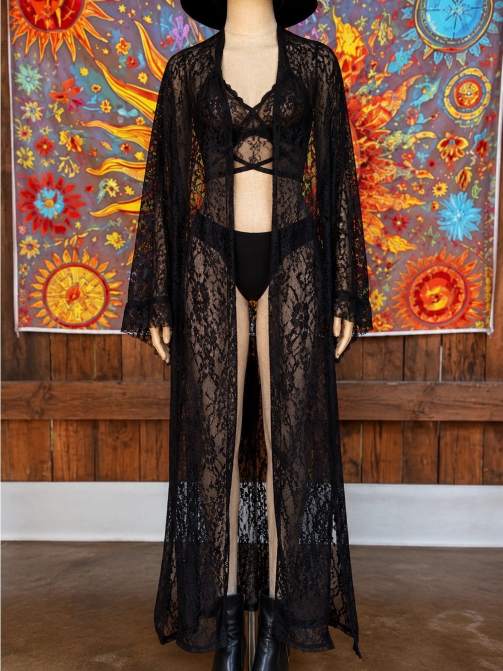 Long Black Sheer Lace Kimono, SZ 3 X, (props not  included)